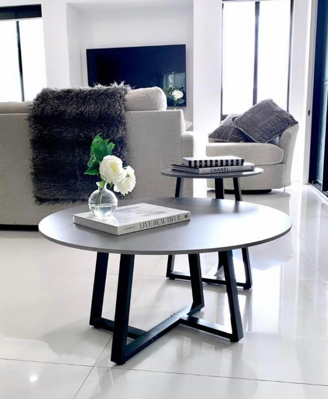 Interior Ave Broadway Two-Tier Coffee Table Set — Stone Grey Sintered Marble — Allure Home Collections