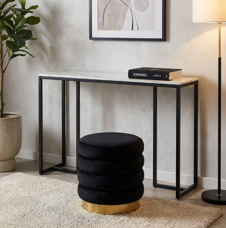 Locksley marble and black sintered stone coffee table in a modern living room
