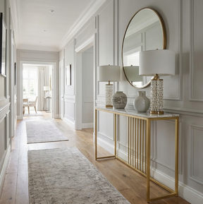 Nagambie white marble and gold sintered stone marble coffee table in a modern living room