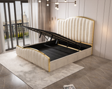 Starshine king size beige velvet bed frame with golden trim and gas lift — full view — Allure Home Collections