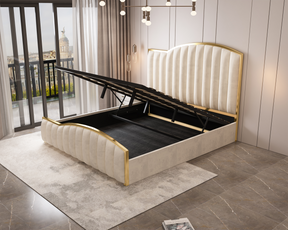 Starshine king size beige velvet bed frame with golden trim and gas lift — full view — Allure Home Collections