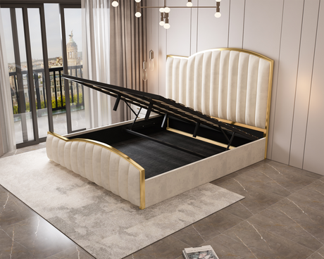 Starshine king size beige velvet bed frame with golden trim and gas lift — full view — Allure Home Collections