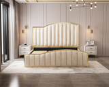 Starshine king beige velvet bed frame styled in luxury bedroom — Allure Home Collections