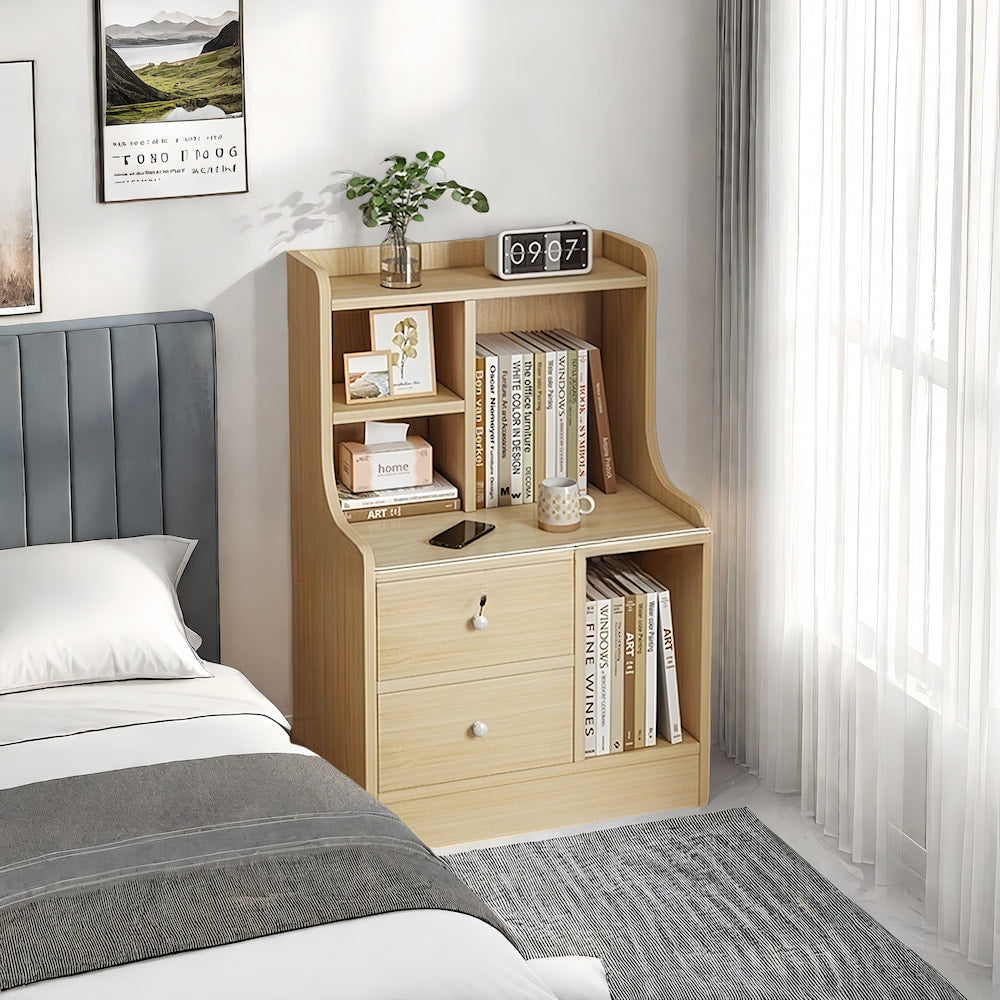 Light Wood Nightstand Secure Drawer Open Shelf Storage Tray Nordic Style 70cm