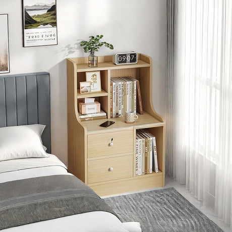 Light Wood Nightstand Secure Drawer Open Shelf Storage Tray Nordic Style 70cm