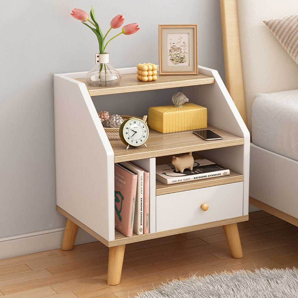 2x bedside table set wooden drawer natural white wood grain furniture
