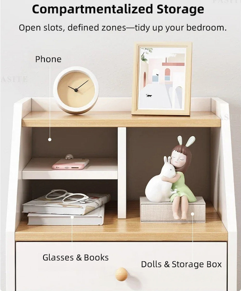 Two-Tone Nightstand Wooden Legs Compartment Storage Drawers White Wood Design