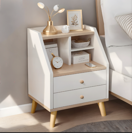 2x bedside table set wood grain drawers curved design bedroom furniture
