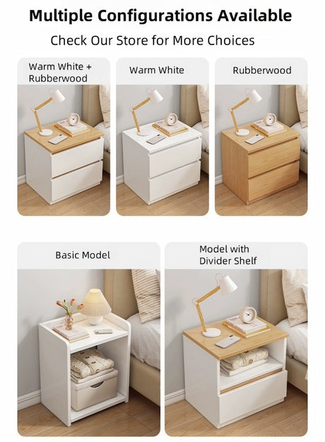 2x Bedside table set with drawer and shelf, minimalist white design, 2 pieces