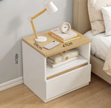 Modern Nightstand Oak Wood Grain Top White Cabinet Open Shelf Finger Pull