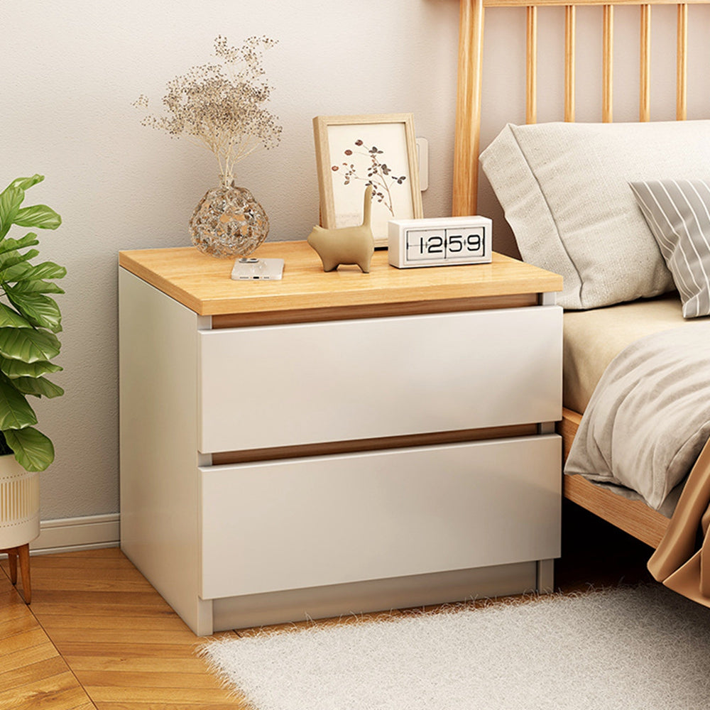 Modern Nightstand Oak Wood Grain Top White Cabinet Double Drawer Finger Pull