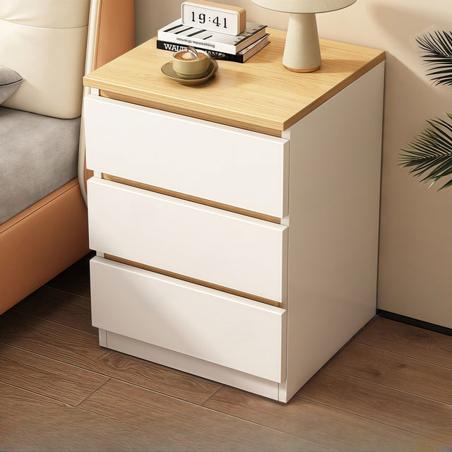 Modern Nightstand Wood Effect Top White Cabinet Triple Drawer Finger Pull Design
