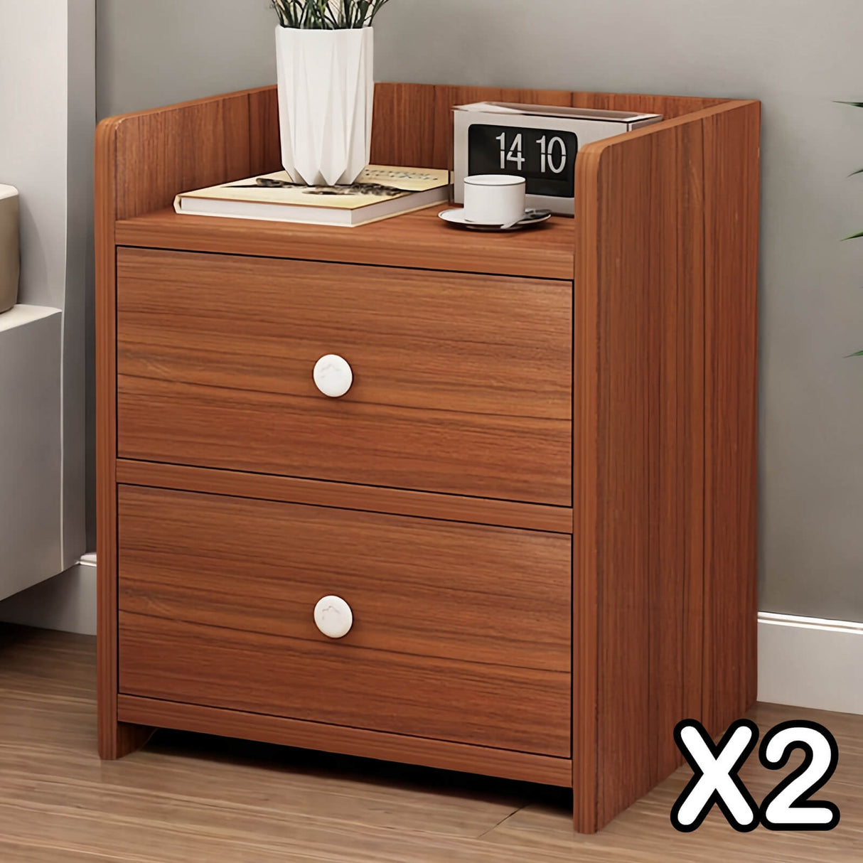 2x Bedside table walnut wood grain tray drawers vintage style furniture