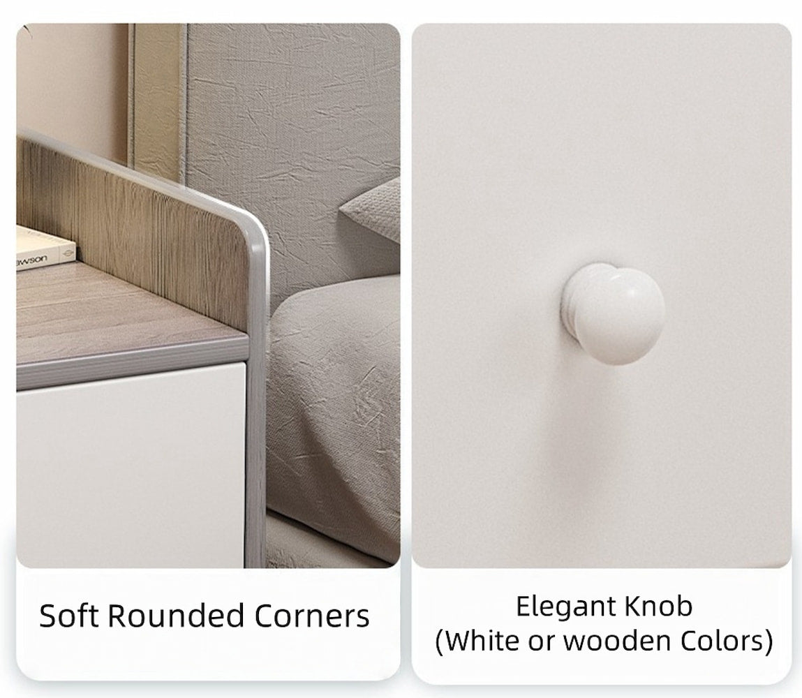 Modern Nightstand Light Gray Wood Grain Three Drawers Safety Tray Top Wooden Knobs