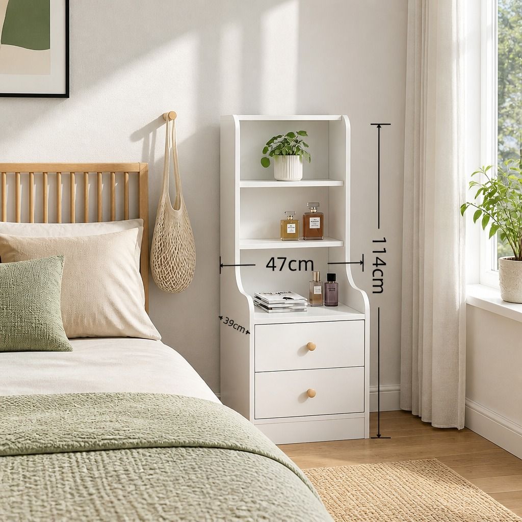 Terania Tall Bedside Table with 3 Shelves, Warm White
