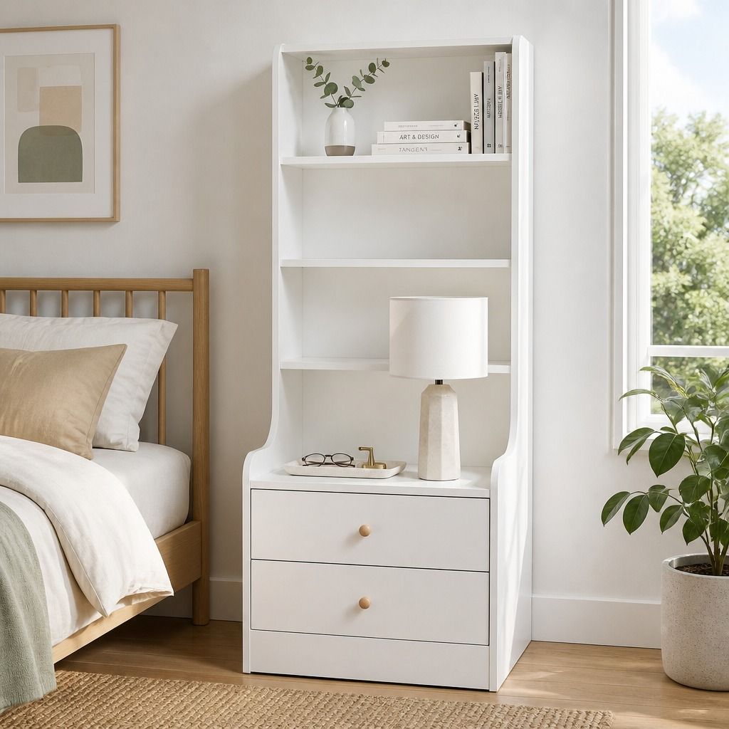 Terranora Tall Bookshelf Bedside Table, White