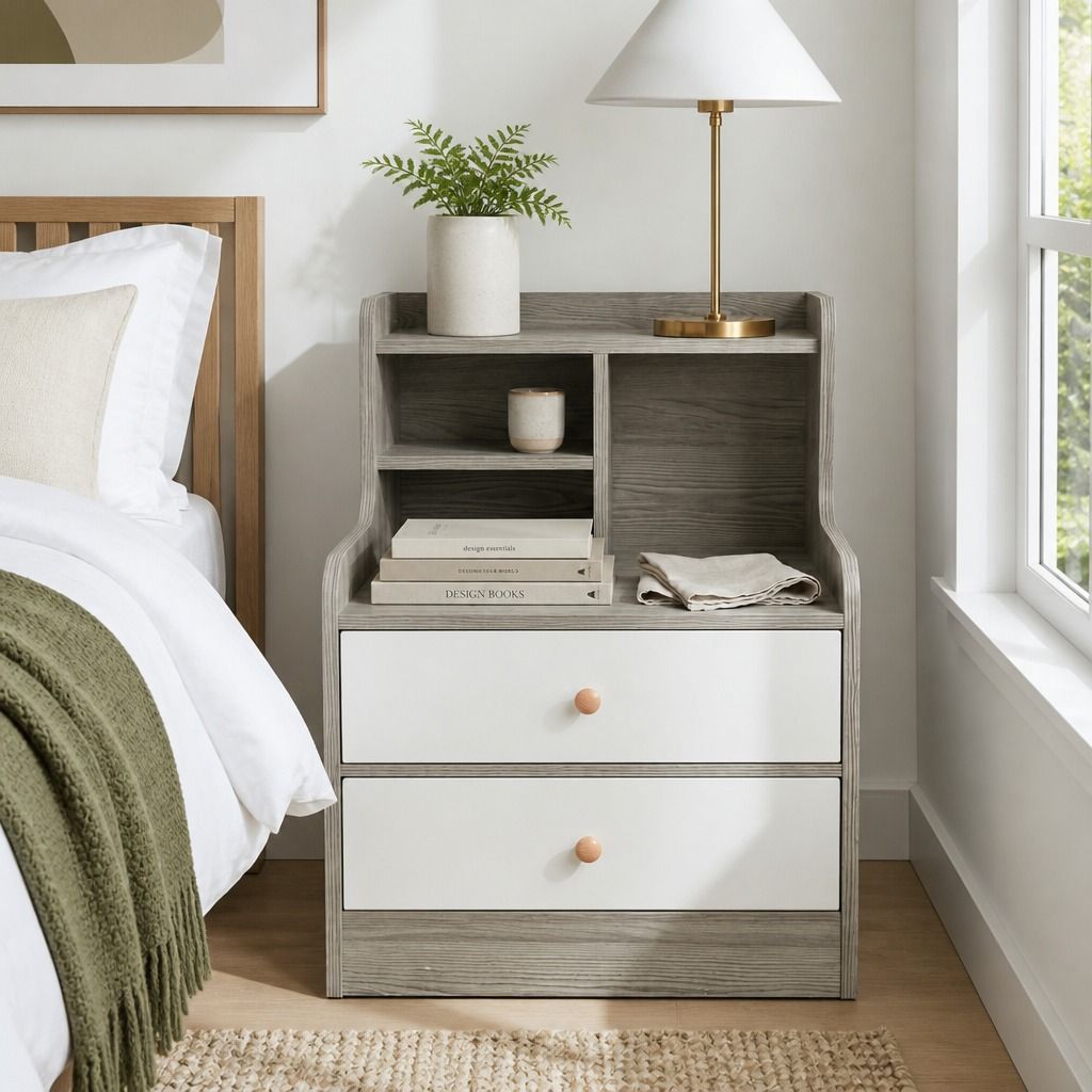 Eureka Curved Bedside Table, Light Grey