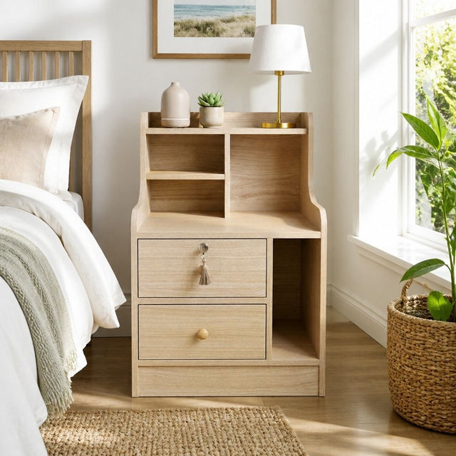 Keerrong Nordic Bedside Table with Open Shelf, Light Wood
