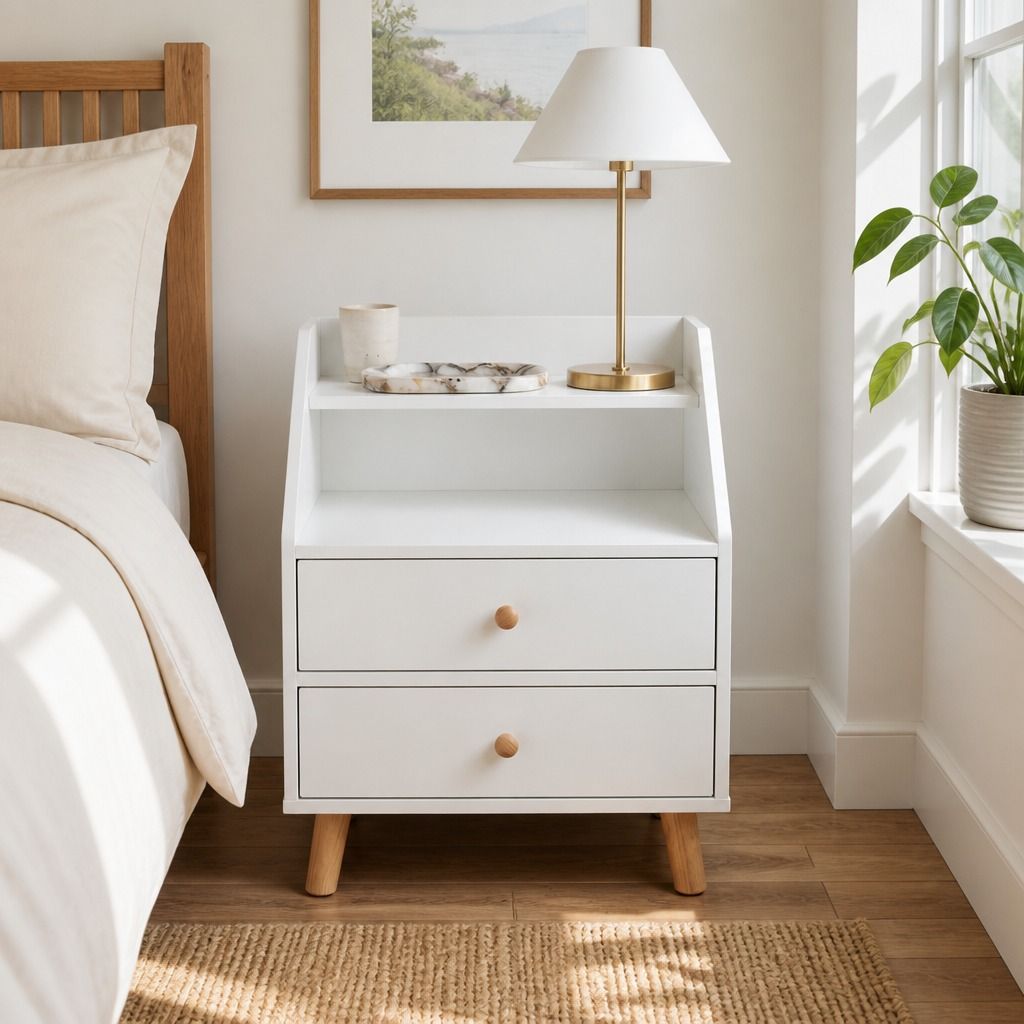 Rosebank warm white two drawer bedside table with wooden legs in a Nordic bedroom