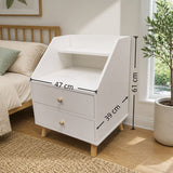 Rosebank warm white two drawer bedside table with wooden legs in a Nordic bedroom