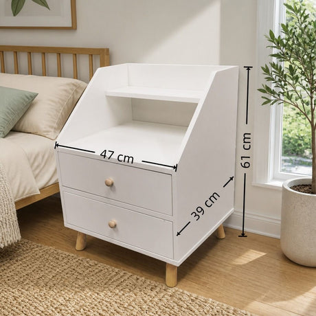 Rosebank warm white two drawer bedside table with wooden legs in a Nordic bedroom