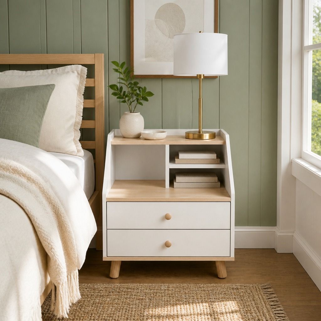 Rosebank white and wood two drawer bedside table with wooden legs in a Nordic bedroom