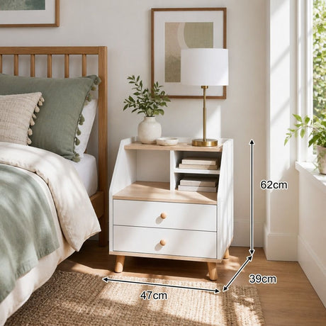 Rosebank white and wood two drawer bedside table with wooden legs in a Nordic bedroom