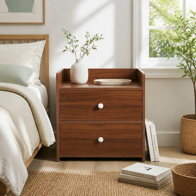 Marom Creek Bedside Table 2 Drawers with Tray Top, Walnut