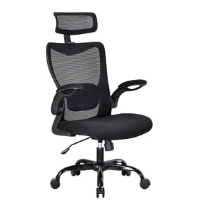Manjimup black ergonomic mesh office chair with headrest in an office