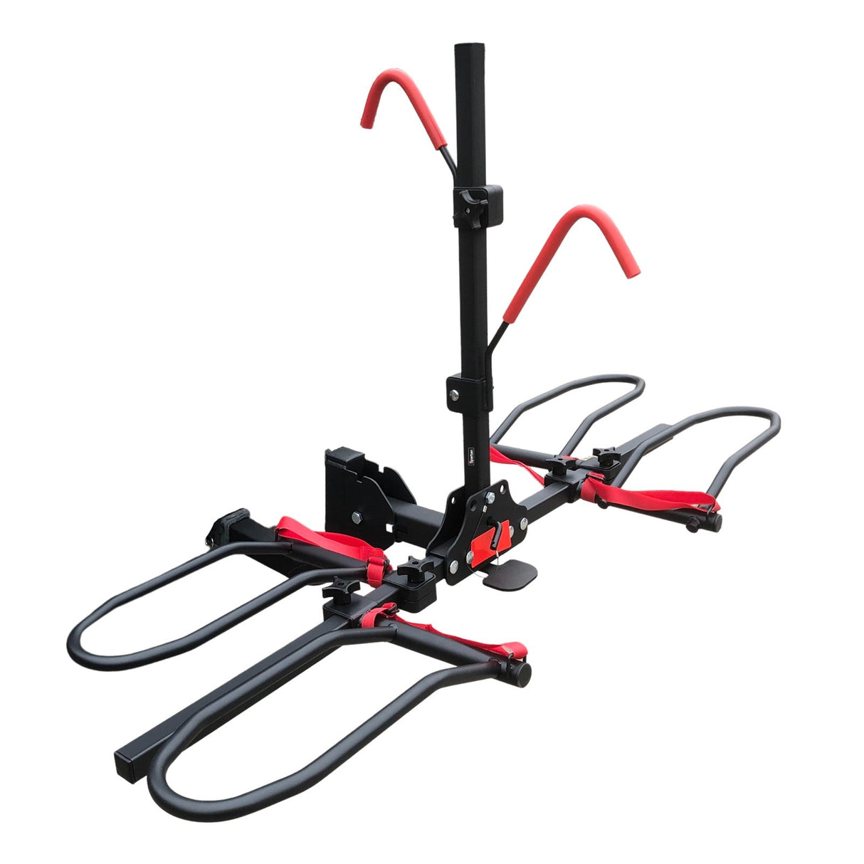 Foldable hitch mounted platform rack carrying two e bikes behind a vehicle