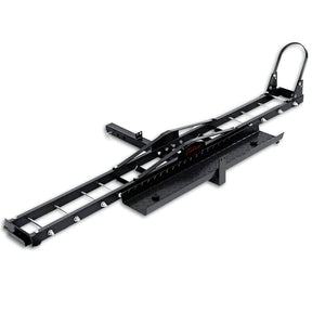 Upright steel motorcycle carrier rack mounted on a two inch hitch