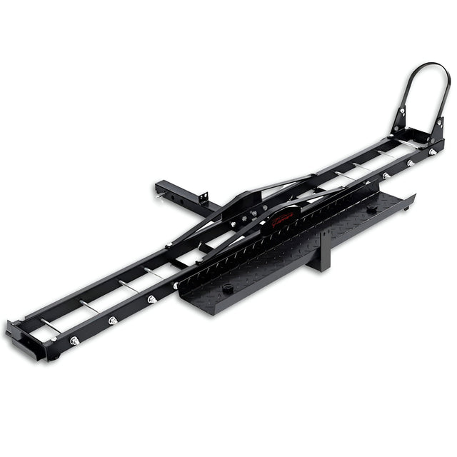 Upright steel motorcycle carrier rack mounted on a two inch hitch