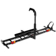 Steel hitch mounted motorcycle carrier rack with loading ramp and tail lights