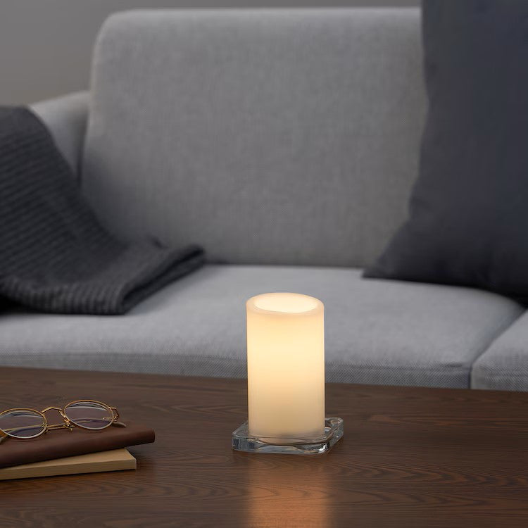 Halls Gap white LED flameless pillar candle set glowing on a styled table