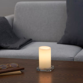 Halls Gap white LED flameless pillar candle set glowing on a styled table