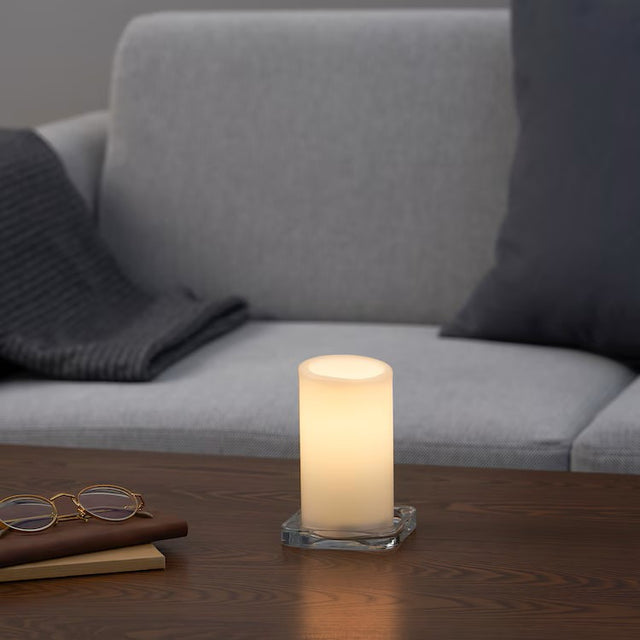 Halls Gap white LED flameless pillar candle set glowing on a styled table