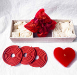 Red Heart Candle Spa Gift Set — Heart Candle, 3 Incense Coils and Potpourri Sachet — Allure Home Collections
