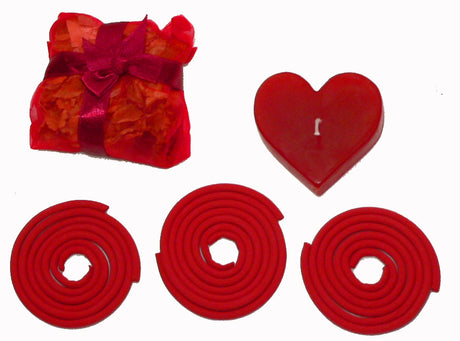 Red Heart Candle Spa Gift Set — Heart Candle, 3 Incense Coils and Potpourri Sachet — Allure Home Collections