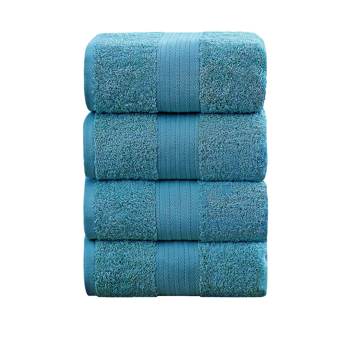 Set of four blue 550 GSM ring spun cotton bath towels folded and stacked