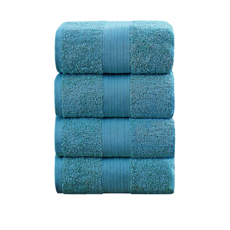 Set of four blue 550 GSM ring spun cotton bath towels folded and stacked