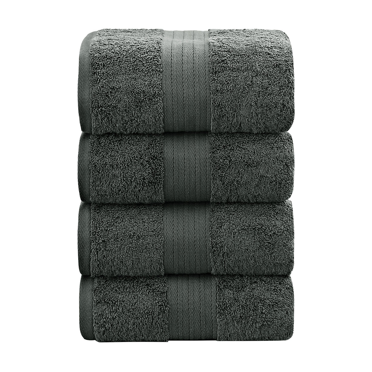 Set of four charcoal 550 GSM ring spun cotton bath towels folded and stacked