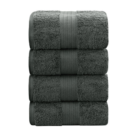Set of four charcoal 550 GSM ring spun cotton bath towels folded and stacked