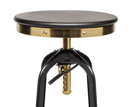 Industrial bar stool wood seat close-up — Allure Home Collections