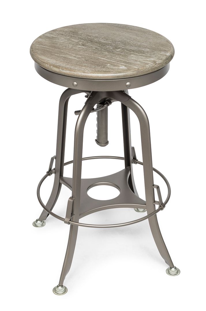 Side profile of industrial oak bar stool showing adjustable grey base — Allure Home Collections