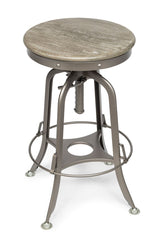 Side profile of industrial oak bar stool showing adjustable grey base — Allure Home Collections