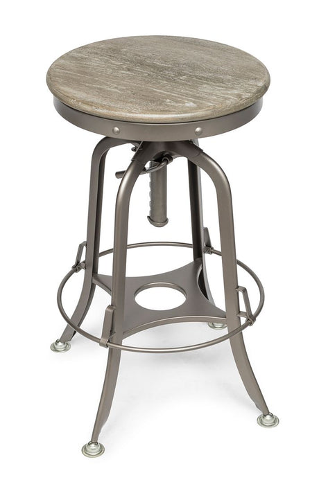 Side profile of industrial oak bar stool showing adjustable grey base — Allure Home Collections