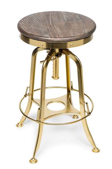 Industrial bar stool oak wood seat and grey frame detail — Allure Home Collections