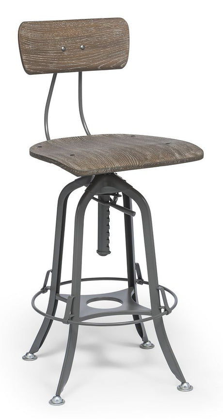 Industrial swivel height adjustable grey bar stool with oak wood seat and backrest — Allure Home Collections