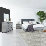 Anna Bay 4pcs black and cement queen bedroom suite with upholstered bed, two bedsides and tallboy