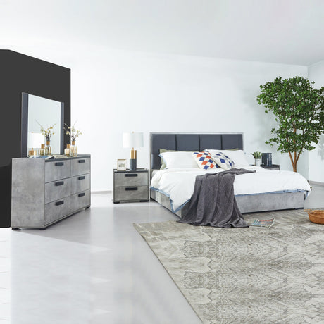 Cerveteri Black and Cement Queen bed frame in a modern bedroom